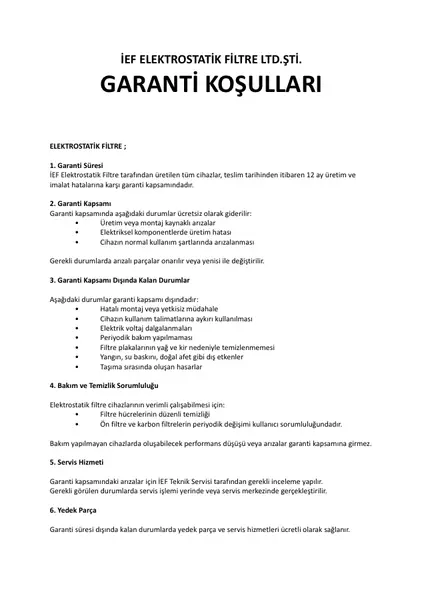 Garanti koşulları belgesinin ilk sayfası