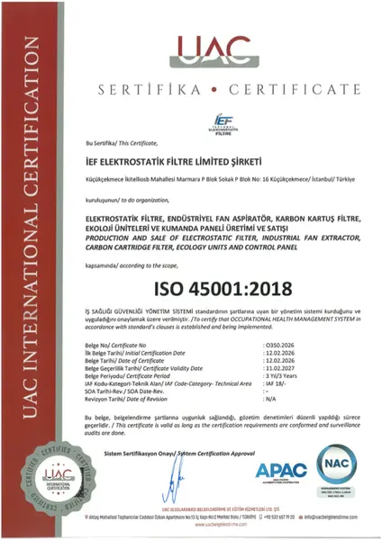 ISO 45001:2018 belgesinin ilk sayfası