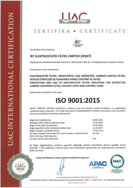 ISO 9001:2015 belgesinin ilk sayfası