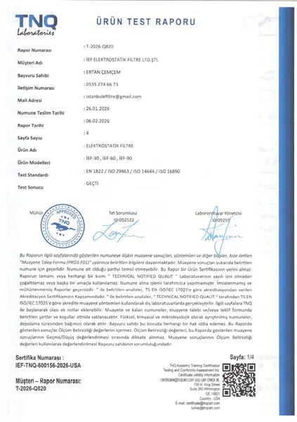 Filtrasyon verimi test raporu belgesinin ilk sayfası